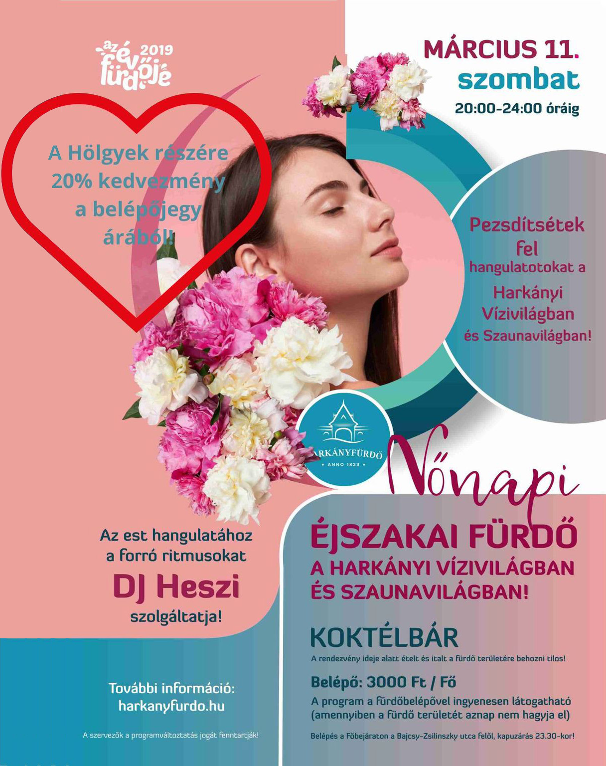 2023.03.11. nőnap alkalmából éjszakai fürdőzés Harkányban - plakát