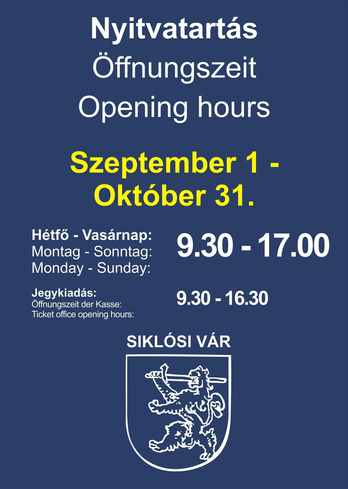 Siklósi Vár megváltozott nyitvatartása 2024.09.01. - 2024.10.31. között