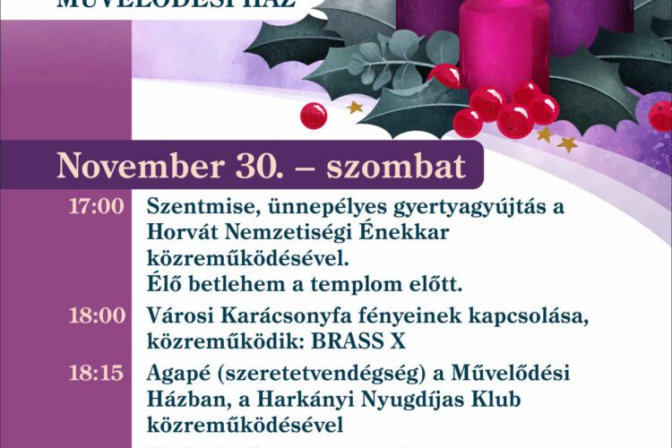 Advent Harkányban, 2024.11.30-án, szentmise, agapé, karácsonyfa fények bekapcsolása, hagyományőrzés