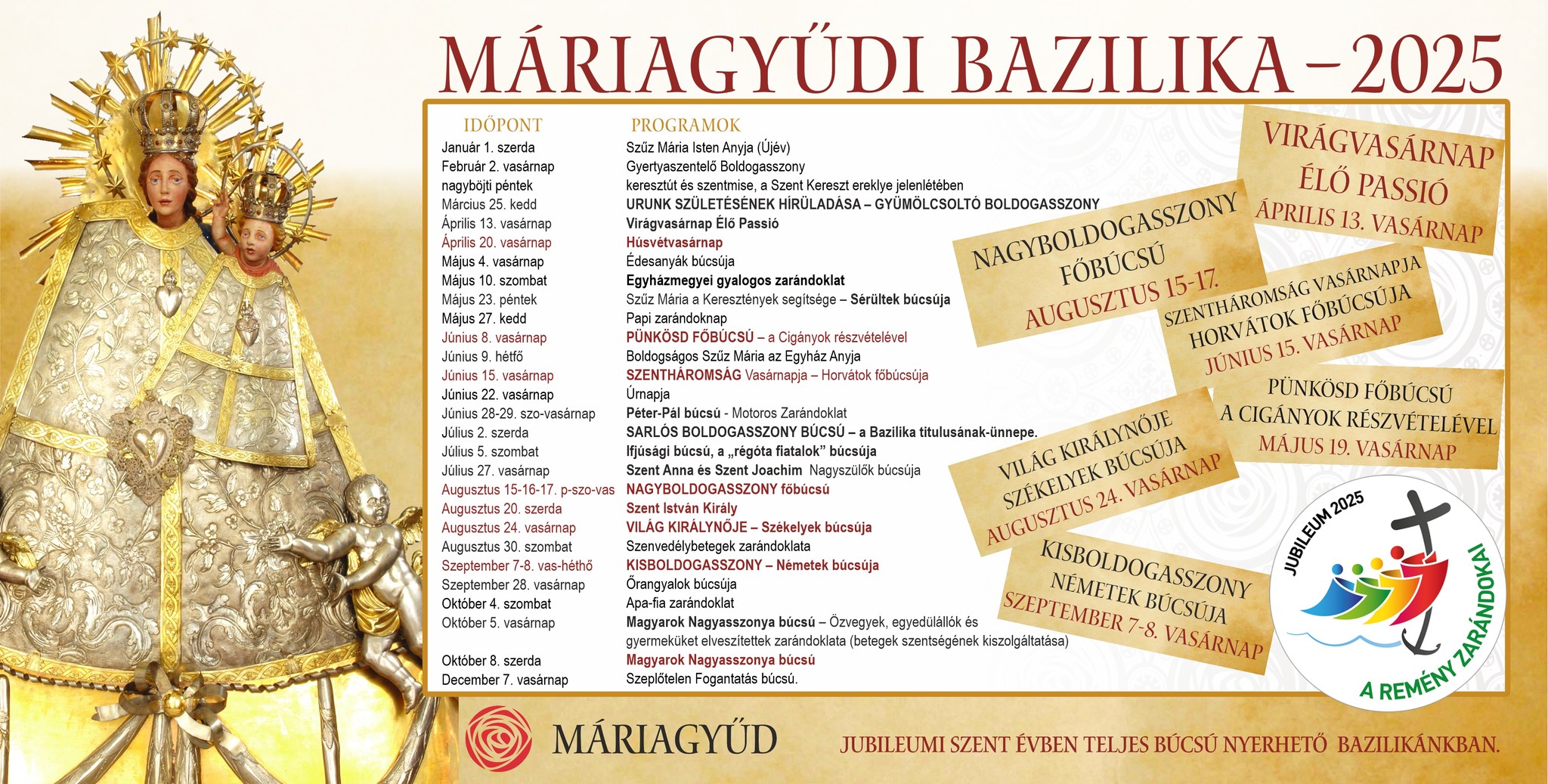 Máriagyűdi Bazilika búcsúk, programfüzet, 2025