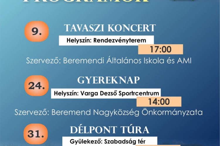 Májusi programok Beremenden - gyereknap, délpont túra, 2025