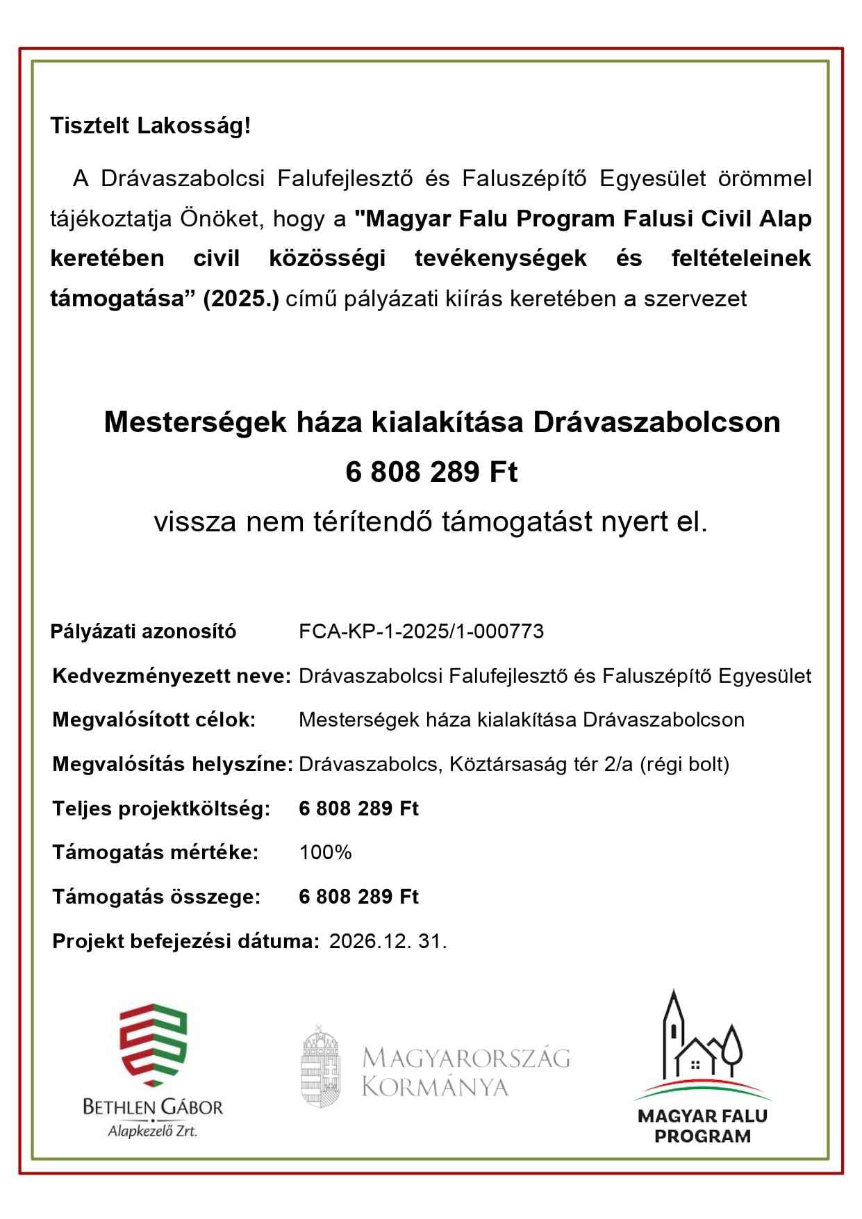 Drávaszabolcs, Mesterségek Háza - sikeres pályázat!