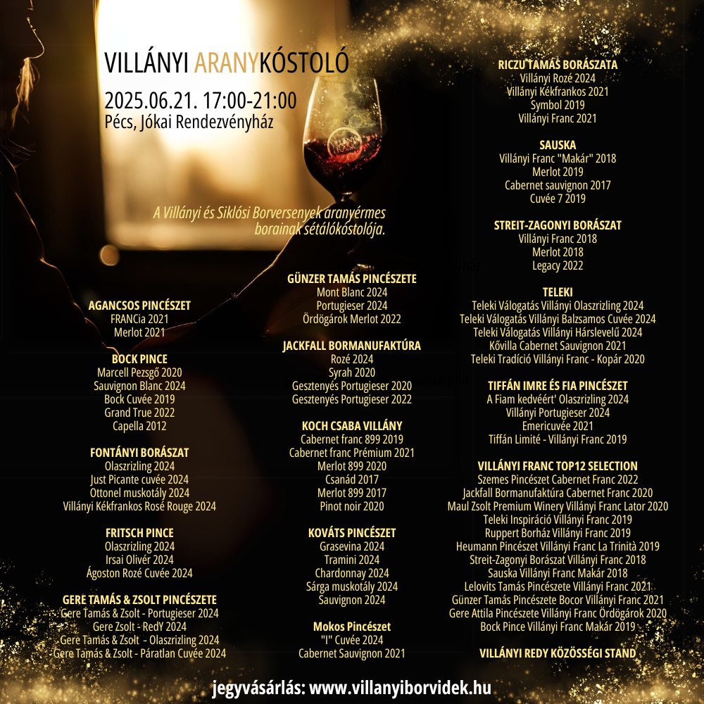 Villányi Aranykóstoló Pécs 2025, kóstolható tételek