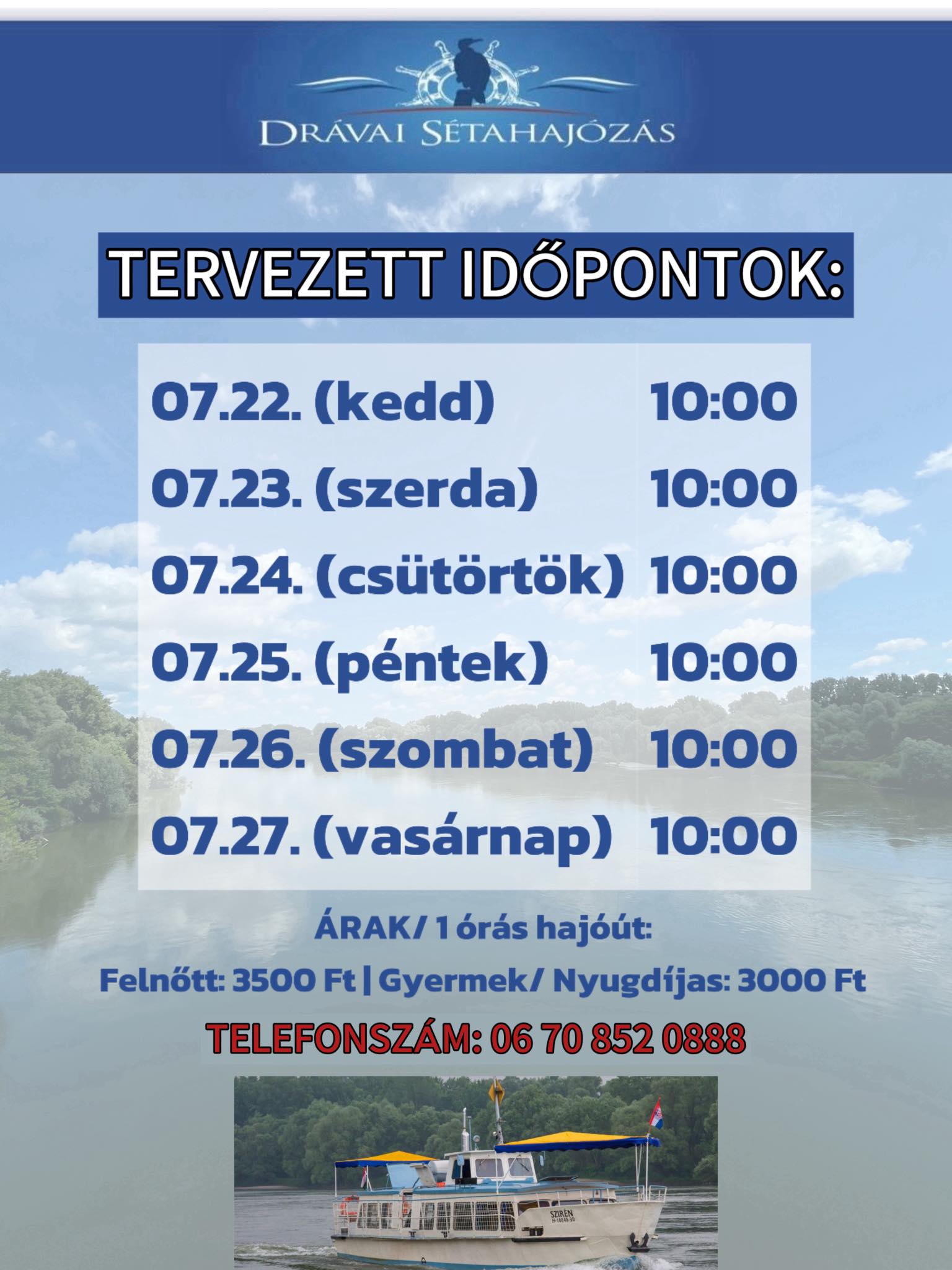 Sétahajózás a Dráván - 2025.07 havi menetrend