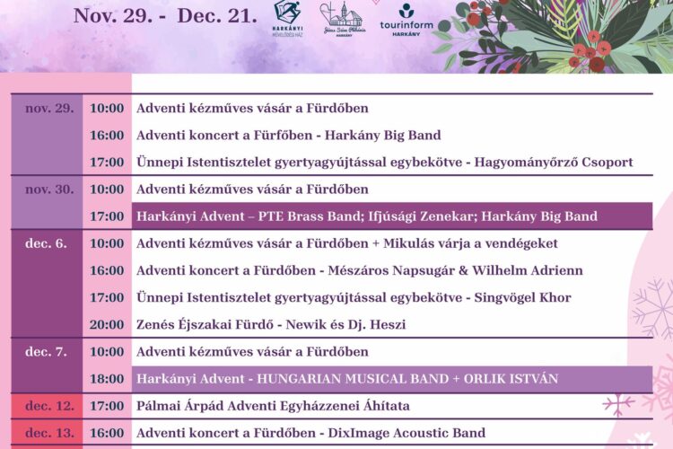 Harkányi, advent, 2025 - programok a Művelődési Házban, Gyógyfürdőben, Jézus Szíve Plébánián