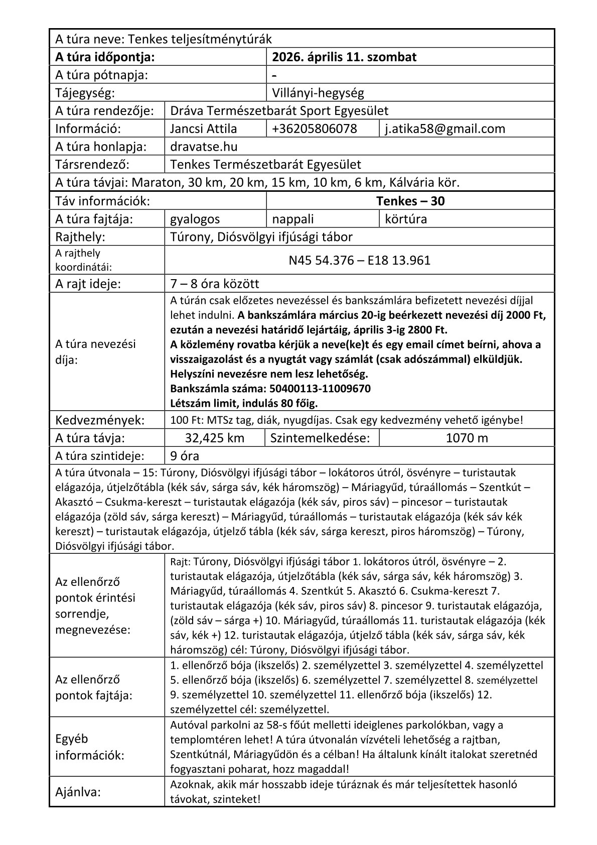 Tenkes Teljesítménytúra 2026 kiírása - 30 km-es táv